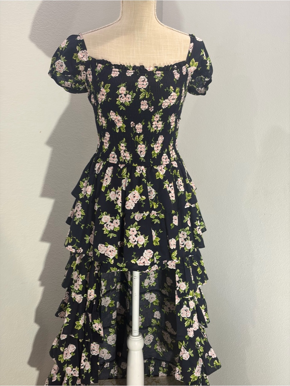 Black Floral Tiered Ruffle tiered Dress with Puff Sleeves summer